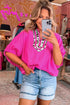 Leopard Print Patchwork Trim Dolman Sleeve V Neck Blouse