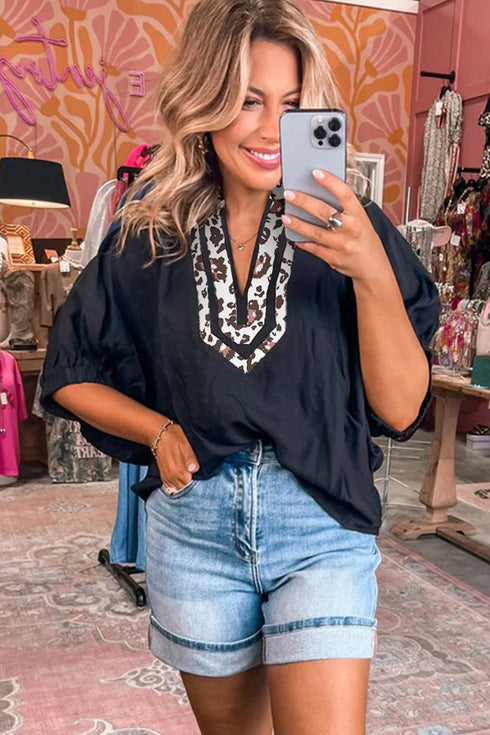 Leopard Print Patchwork Trim Dolman Sleeve V Neck Blouse
