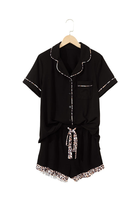 Leopard Print Patchwork Trim Lapel Shirt Shorts Pajama Set