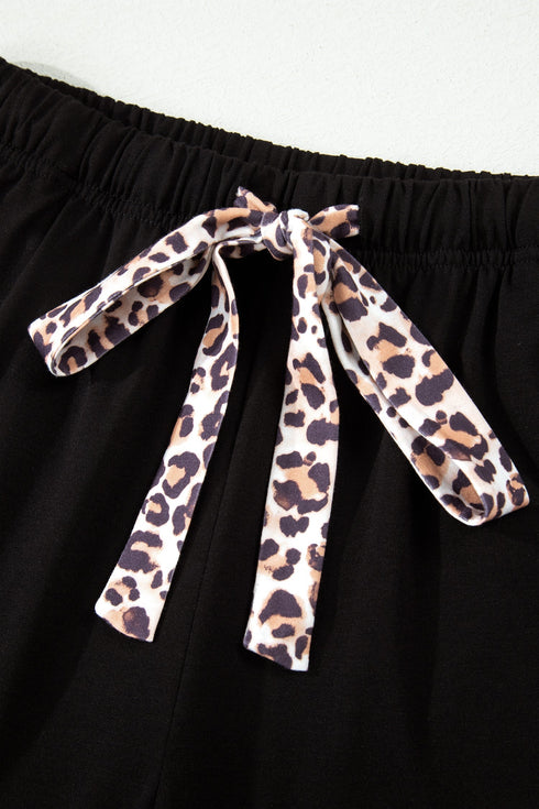 Leopard Print Patchwork Trim Lapel Shirt Shorts Pajama Set