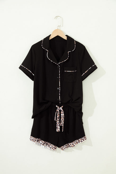 Leopard Print Patchwork Trim Lapel Shirt Shorts Pajama Set