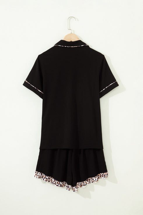 Leopard Print Patchwork Trim Lapel Shirt Shorts Pajama Set