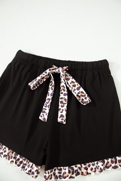 Leopard Print Patchwork Trim Lapel Shirt Shorts Pajama Set