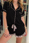 Leopard Print Patchwork Trim Lapel Shirt Shorts Pajama Set