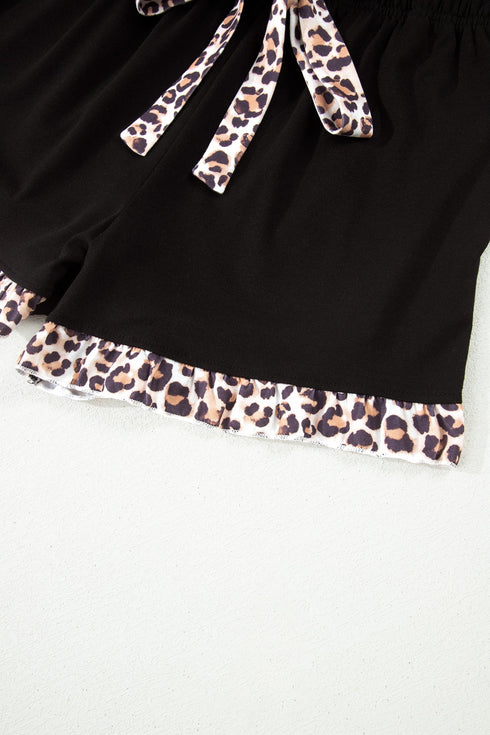 Leopard Print Patchwork Trim Lapel Shirt Shorts Pajama Set