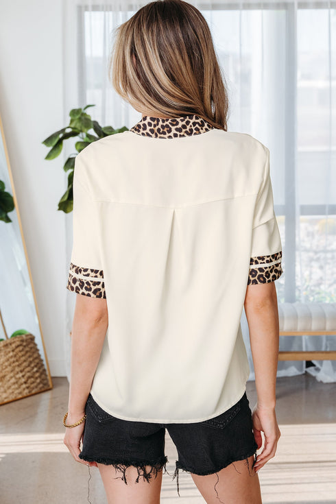 Leopard Print Patchwork Trim Split Neck Western Blouse