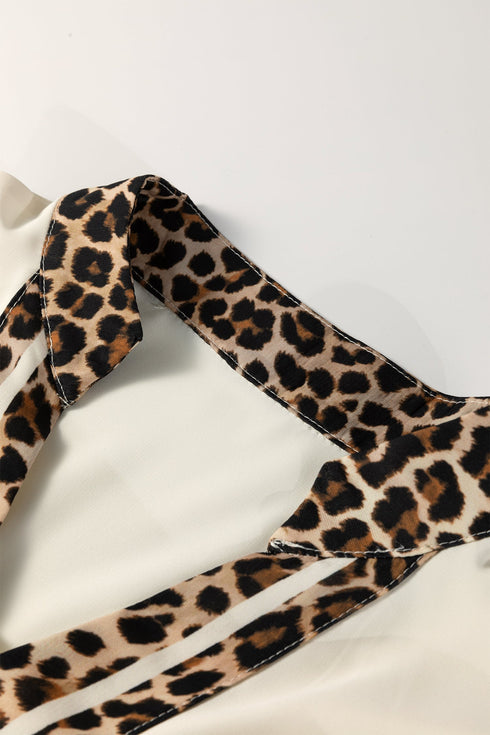 Leopard Print Patchwork Trim Split Neck Western Blouse