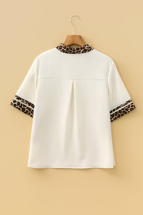 Leopard Print Patchwork Trim Split Neck Western Blouse