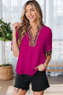 Leopard Print Patchwork Trim Split Neck Western Blouse