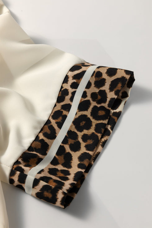 Leopard Print Patchwork Trim Split Neck Western Blouse