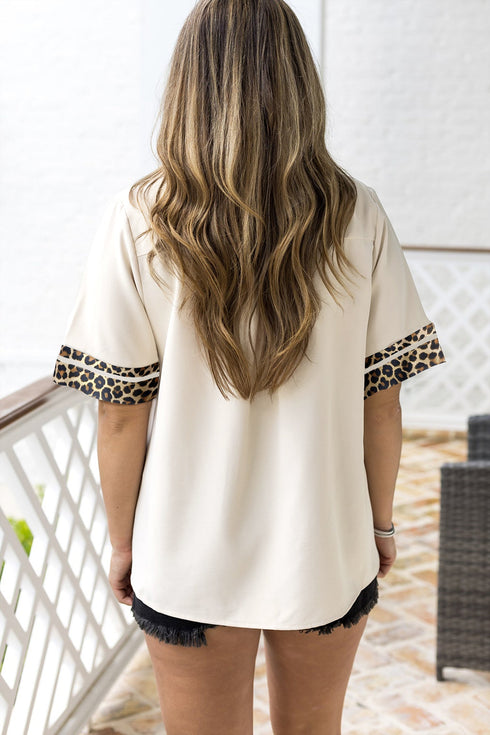 Leopard Print Patchwork Trim Split Neck Western Blouse