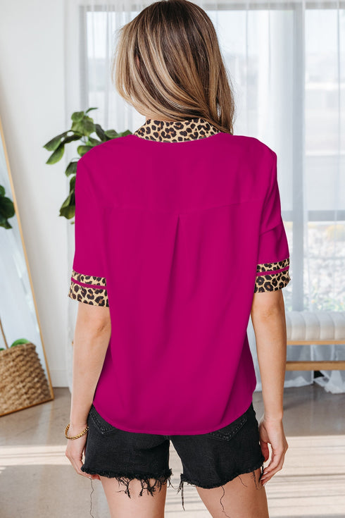 Leopard Print Patchwork Trim Split Neck Western Blouse