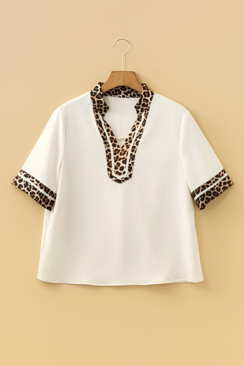 Leopard Print Patchwork Trim Split Neck Western Blouse
