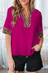 Leopard Print Patchwork Trim Split Neck Western Blouse