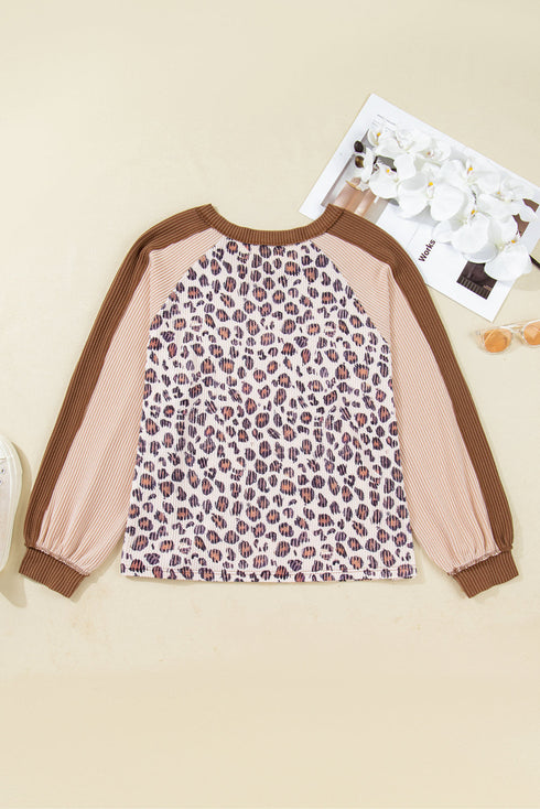 Leopard Print Patchwork Twist Baggy Corded Long Sleeve Top