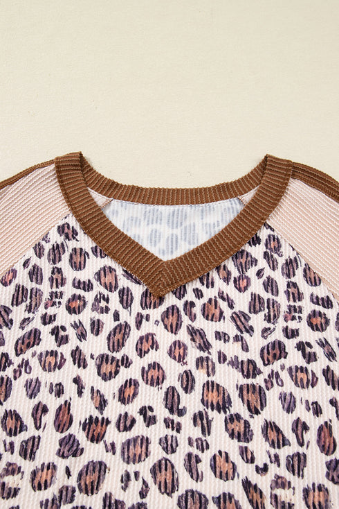 Leopard Print Patchwork Twist Baggy Corded Long Sleeve Top