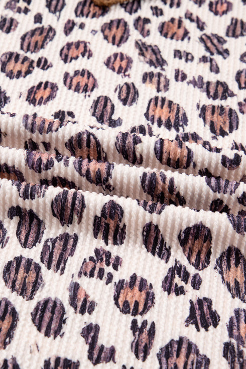 Leopard Print Patchwork Twist Baggy Corded Long Sleeve Top