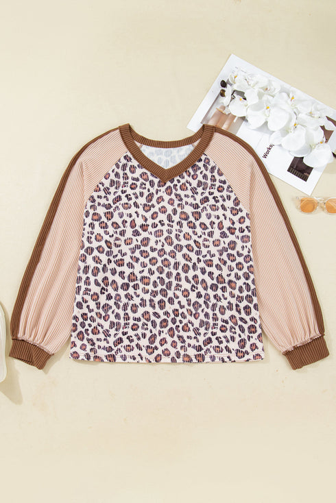 Leopard Print Patchwork Twist Baggy Corded Long Sleeve Top
