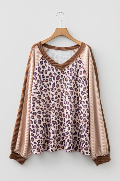 Leopard Print Patchwork Twist Baggy Corded Long Sleeve Top
