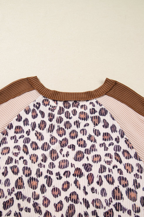 Leopard Print Patchwork Twist Baggy Corded Long Sleeve Top
