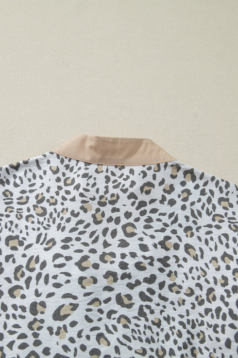 Leopard Print Patchwork V Neck Cap Sleeve Blouse