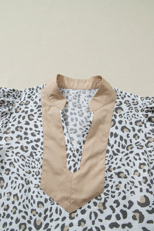 Leopard Print Patchwork V Neck Cap Sleeve Blouse