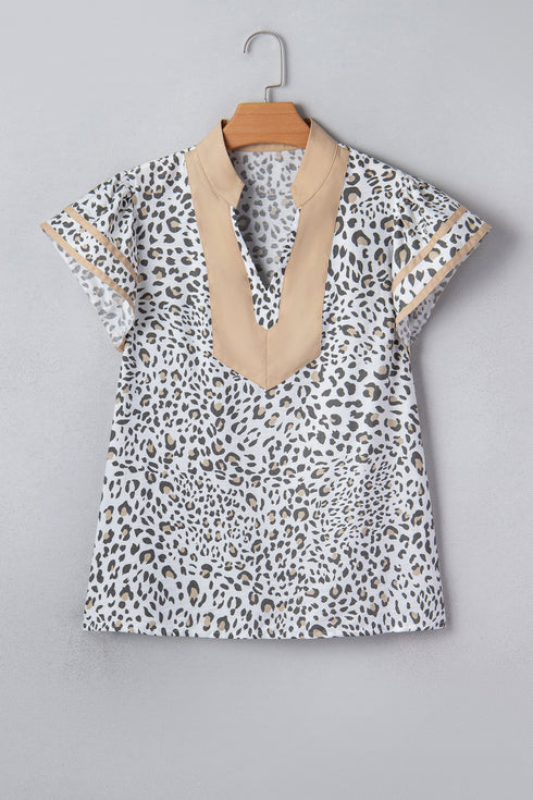 Leopard Print Patchwork V Neck Cap Sleeve Blouse