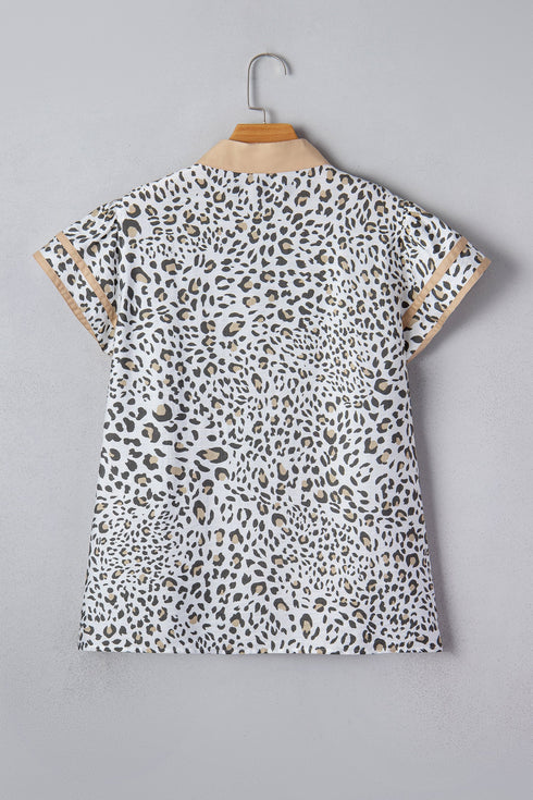 Leopard Print Patchwork V Neck Cap Sleeve Blouse