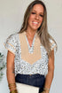 Leopard Print Patchwork V Neck Cap Sleeve Blouse