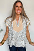 Leopard Print Patchwork V Neck Cap Sleeve Blouse