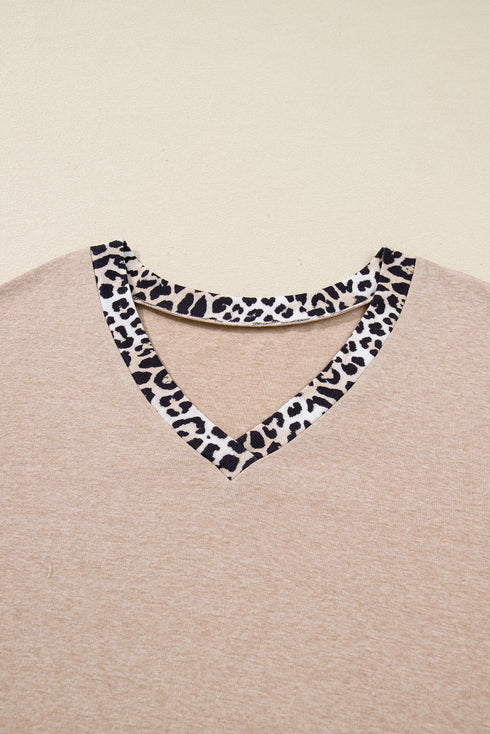 Leopard Print Patchwork V Neck Plus Size Long Sleeve Top