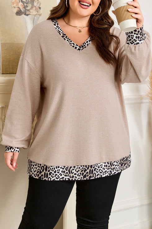 Leopard Print Patchwork V Neck Plus Size Long Sleeve Top