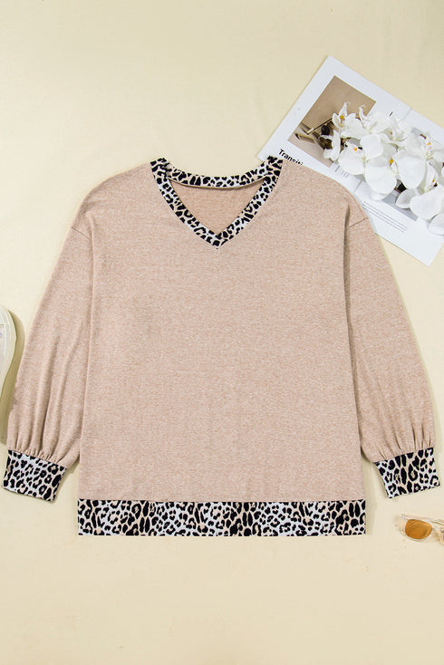Leopard Print Patchwork V Neck Plus Size Long Sleeve Top