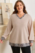 Leopard Print Patchwork V Neck Plus Size Long Sleeve Top