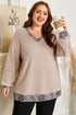 Leopard Print Patchwork V Neck Plus Size Long Sleeve Top