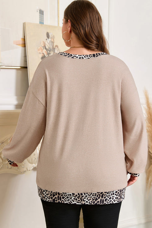 Leopard Print Patchwork V Neck Plus Size Long Sleeve Top