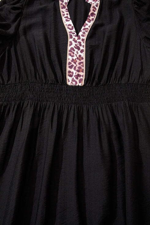 Leopard Print Patchwork V Neck Smocked Ruffled Midi Dress
