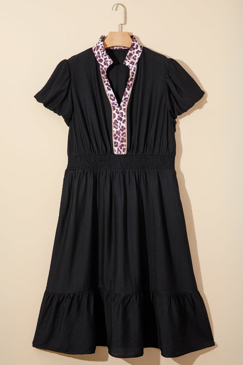 Leopard Print Patchwork V Neck Smocked Ruffled Midi Dress