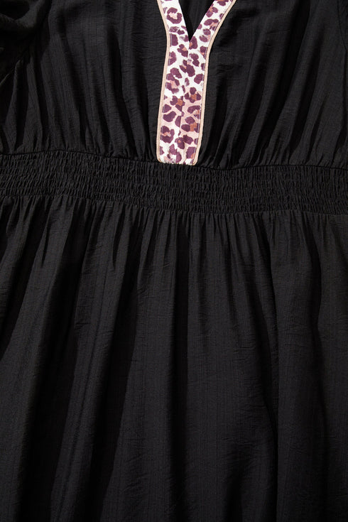 Leopard Print Patchwork V Neck Smocked Ruffled Midi Dress