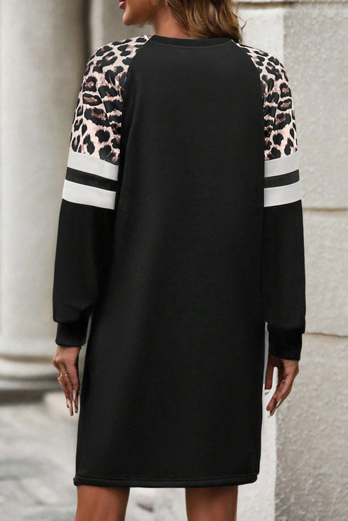 Leopard Print Patchwork Varsity Raglan Sweatshirt Mini Dress