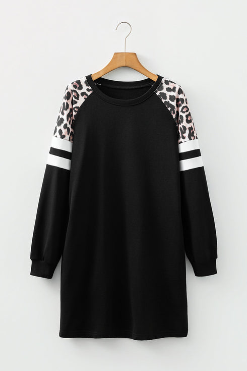 Leopard Print Patchwork Varsity Raglan Sweatshirt Mini Dress