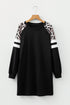 Leopard Print Patchwork Varsity Raglan Sweatshirt Mini Dress