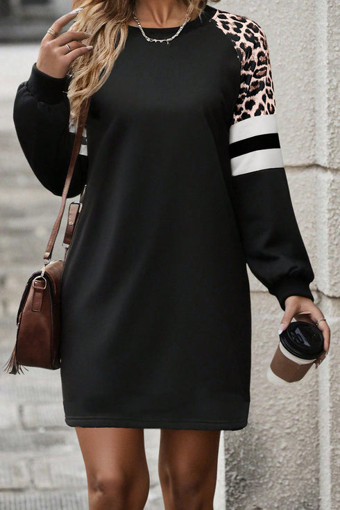 Leopard Print Patchwork Varsity Raglan Sweatshirt Mini Dress