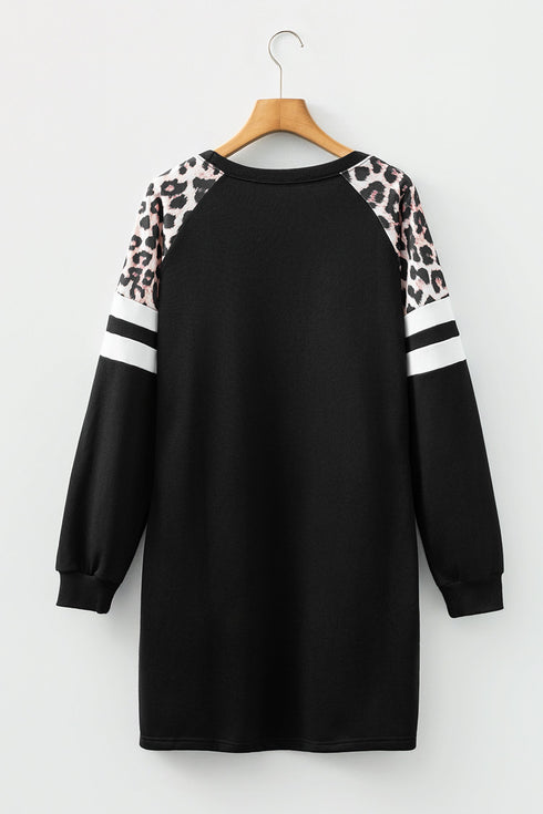 Leopard Print Patchwork Varsity Raglan Sweatshirt Mini Dress
