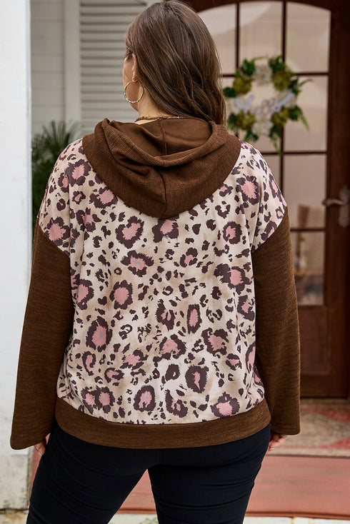 Leopard Print Patchwork Western Style Knit Hoodie