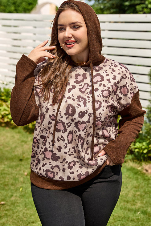 Leopard Print Patchwork Western Style Knit Hoodie