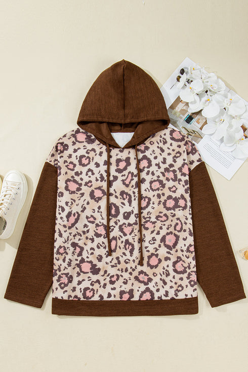 Leopard Print Patchwork Western Style Knit Hoodie