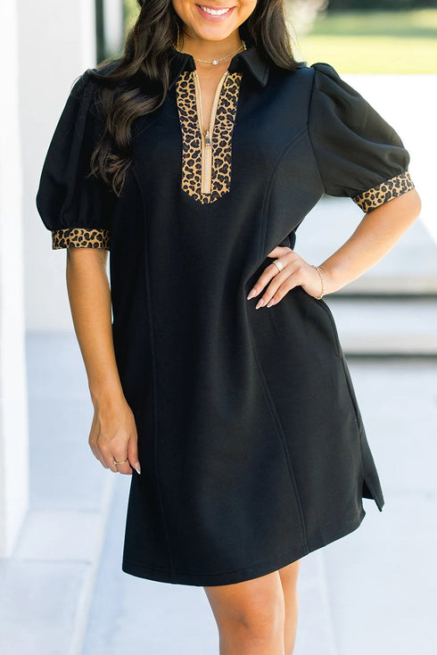 Leopard Print Patchwork Zip Collared Puff Sleeve Mini Dress