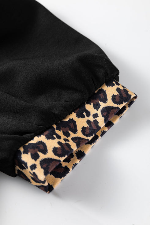 Leopard Print Patchwork Zip Collared Puff Sleeve Mini Dress