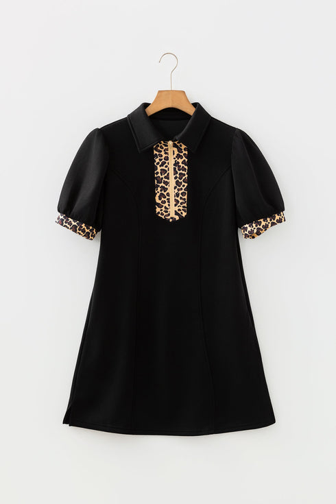 Leopard Print Patchwork Zip Collared Puff Sleeve Mini Dress